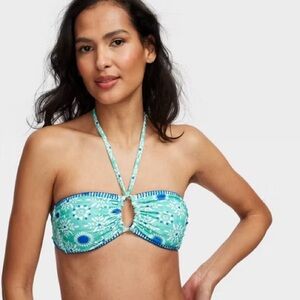 Women's Star Medallion/Multi Stripe Reversible Bandeau Bikini Top Teal/Blue NWT